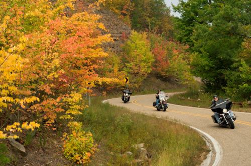 Three motorcycles ride along a winding road surrounded by vibrant autumn foliage in shades of orange and green.