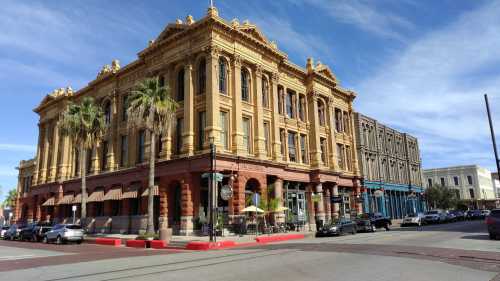 Historic buildings with ornate architecture and palm trees line a street under a blue sky.