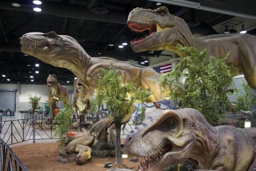 Life-sized dinosaur models in a display area, surrounded by greenery and a sandy ground, with an American flag in the background.