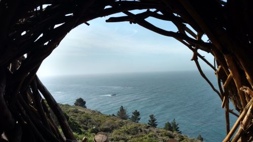 View of the ocean through a rustic wooden structure, with trees lining the shore under a clear sky.