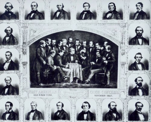 A historic group portrait of the First American Press Congress, New York, November 1867, featuring 20 men around a table.