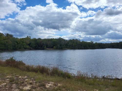 A serene lake surrounded by trees under a partly cloudy sky, with grassy shorelines in the foreground.