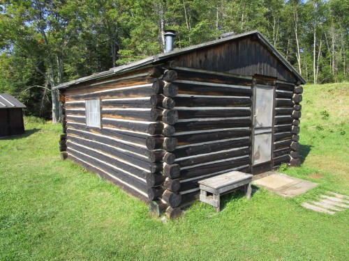 A rustic log cabin with a wooden door and window, surrounded by green grass and trees.