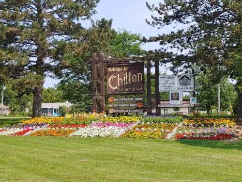 Welcome sign for Chilton, featuring colorful flowers and trees in a sunny park setting.