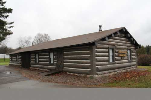 A rustic log cabin with a sloped roof, featuring a sign and surrounded by grass and trees under a cloudy sky.