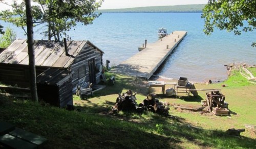 A rustic cabin by a lake with a wooden dock, surrounded by trees and a grassy area.