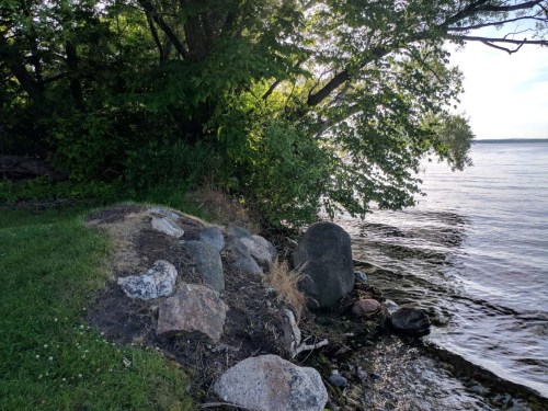A serene lakeside scene with rocks, grass, and trees along the water's edge under a clear sky.
