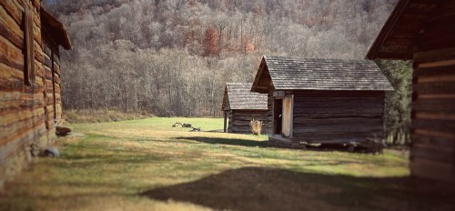 A serene landscape featuring rustic wooden cabins set against a backdrop of trees and rolling hills.