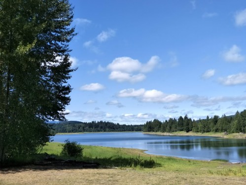 A serene lake surrounded by green grass and trees under a blue sky with fluffy clouds.