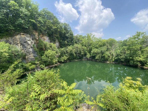 A serene green pond surrounded by lush trees and rocky cliffs under a partly cloudy sky.