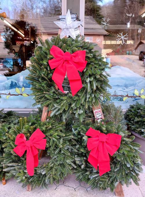 Three Christmas wreaths arranged in a tree shape, adorned with red bows and topped with a silver star.