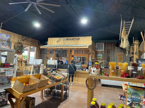 Interior of a rustic mercantile store with wooden decor, shelves of goods, and customers browsing.
