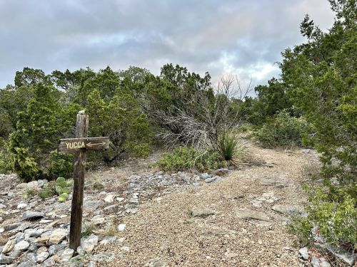 A dirt path leads through greenery, marked by a wooden sign pointing towards "Yucca." Cloudy sky above.