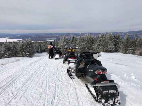 A line of snowmobiles on a snowy trail, with a person standing near the edge of a forested area and mountains in the distance.