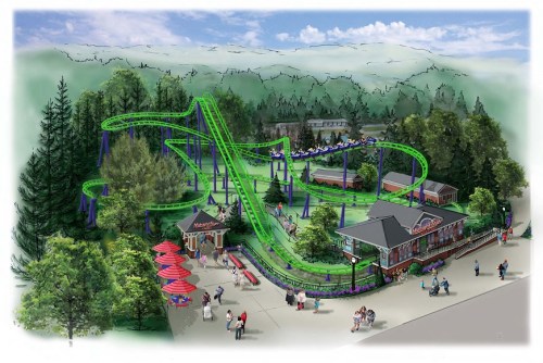 A colorful roller coaster winds through a forested area, with a park entrance and visitors enjoying the attractions below.