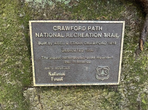 Plaque marking the Crawford Path, the oldest continuously used mountain trail in America, established in 1819.