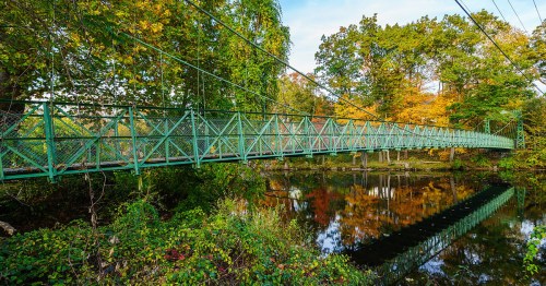 A green suspension bridge spans a calm river, surrounded by vibrant autumn foliage and trees.