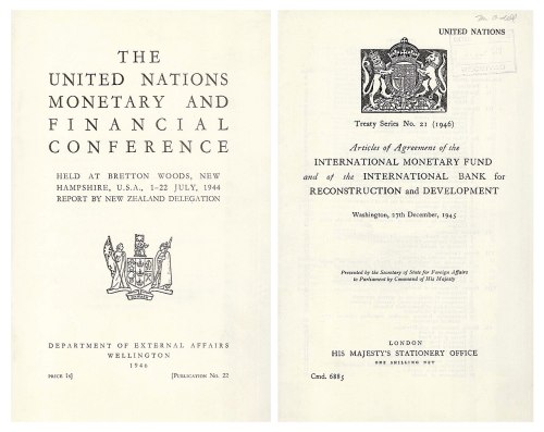 Document cover for the United Nations Monetary and Financial Conference, July 1944, and related agreements from 1945.