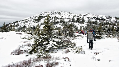 A hiker walks through a snowy landscape with evergreen trees and a rocky hill in the background under a cloudy sky.