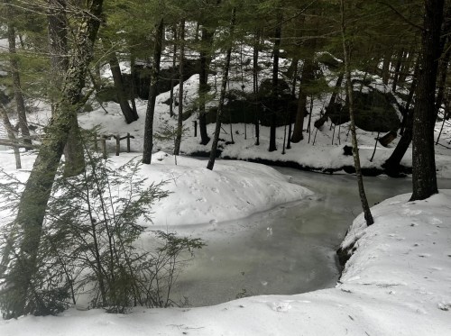 A serene winter scene with a frozen stream surrounded by snow-covered ground and trees.