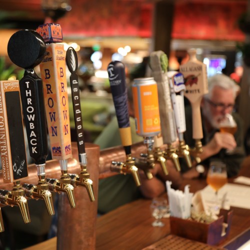 A row of beer taps with various labels, with a blurred figure enjoying a drink in the background.