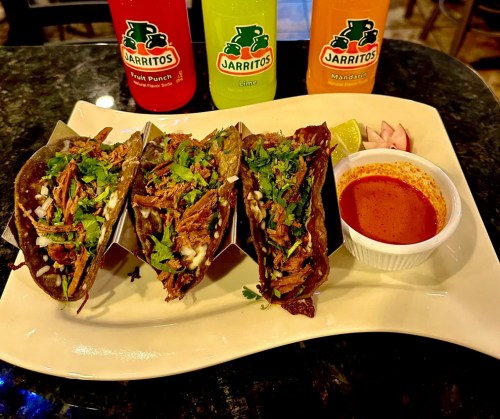 Three tacos filled with shredded meat, topped with cilantro, served with a side of salsa and garnished with lime and radishes.