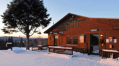 A wooden cabin office surrounded by snow, with a tree and mountains in the background during sunset.