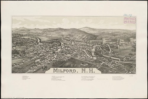 Aerial view illustration of Milford, New Hampshire, showcasing the town's layout and surrounding landscape.