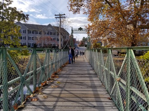A pedestrian bridge with a wooden walkway and green metal railings, surrounded by autumn foliage and buildings.