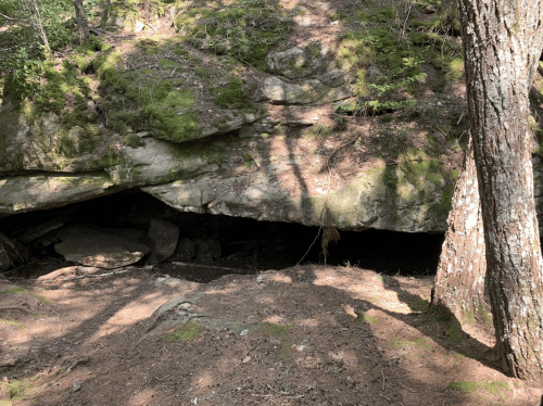 A rocky overhang in a forest, with moss-covered stones and trees surrounding the entrance to a cave-like structure.