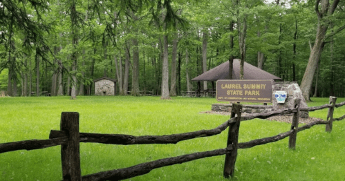 Sign for Laurel Summit State Park in a lush green area with trees and a picnic shelter in the background.