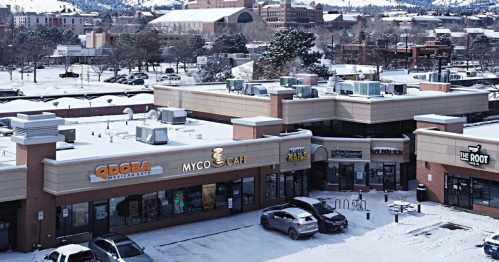 Snow-covered storefronts featuring QDOBA, Myco Cafe, and The Root in a winter landscape.