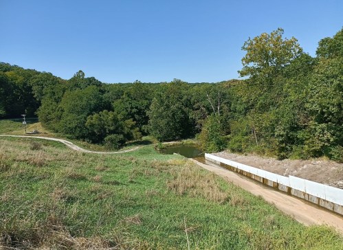 A serene landscape featuring a pond surrounded by trees and a grassy area under a clear blue sky.