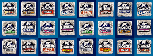 A grid of Klondike ice cream bar packaging featuring various flavors like Oreo, Heath, and Reese's.