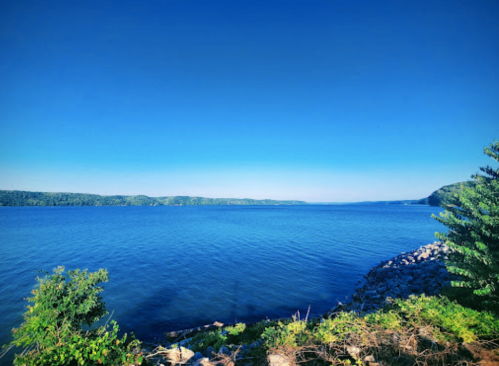 A serene view of a calm blue lake surrounded by green trees under a clear blue sky.