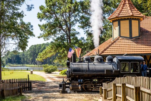 A vintage steam train at a station, surrounded by trees and a scenic landscape, with flags displayed on the engine.