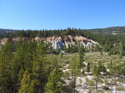 A scenic view of a forested landscape with a colorful cliff and clear blue sky in the background.