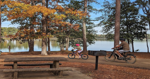 A child and an adult ride bikes along a path by a lake, surrounded by trees with autumn foliage. A picnic table is nearby.