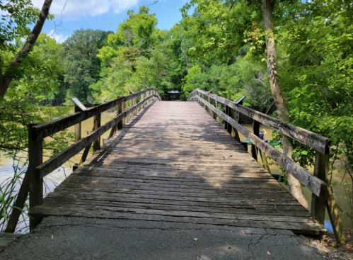 A wooden bridge stretches over a calm waterway, surrounded by lush green trees under a blue sky.