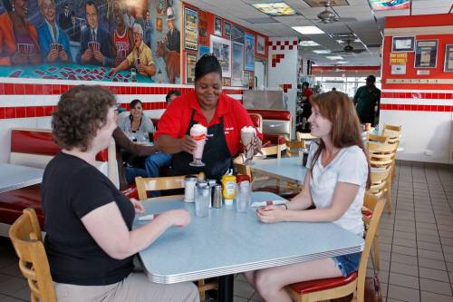 A waitress serves ice cream to two customers at a casual diner with red and white decor.