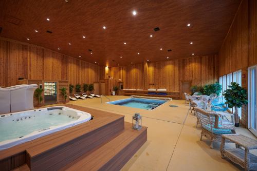 Indoor spa area featuring a hot tub, swimming pool, lounge chairs, and wooden walls with plants.