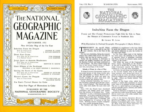 Cover of the September 1952 National Geographic Magazine featuring articles on Indochina and a map of the Far East.
