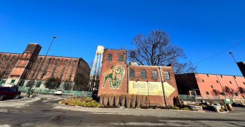 Historic brick building with a buffalo mural, surrounded by trees and a clear blue sky.