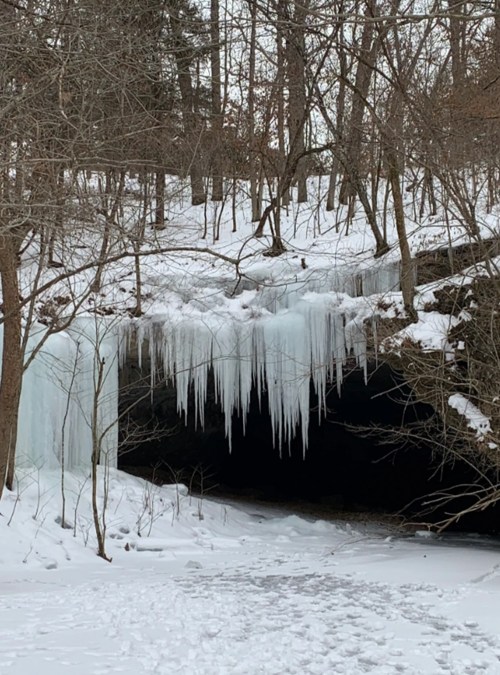 Icicles hang from a snowy overhang in a wooded area, leading to a dark cave entrance.