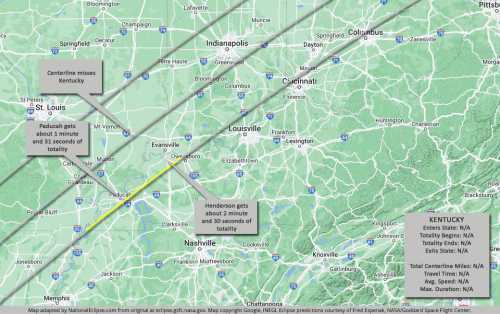 Map showing eclipse path across the U.S., highlighting areas in Kentucky and nearby states with totality details.