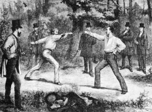 A historical illustration of two men fencing in a wooded area, surrounded by onlookers in 19th-century attire.