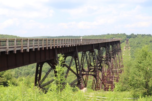 A long, elevated metal bridge spans a lush green valley under a blue sky with scattered clouds.