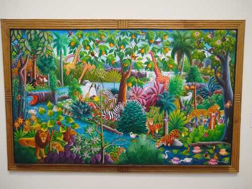 A vibrant jungle scene featuring various animals like lions, tigers, zebras, and giraffes among lush greenery and water.