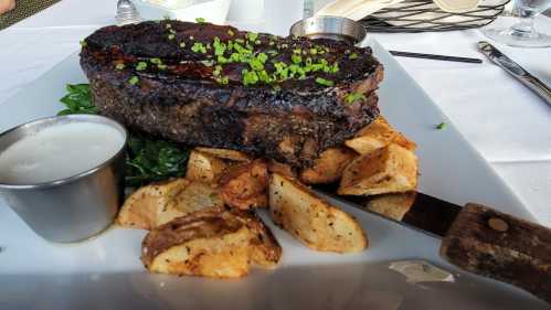 A plate featuring a large, grilled steak topped with green onions, served with roasted potatoes and a small cup of sauce.