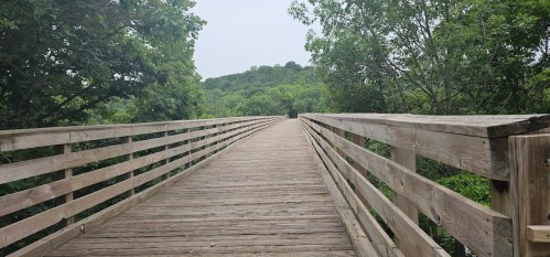 A wooden bridge stretches into a green landscape, surrounded by trees under a cloudy sky.
